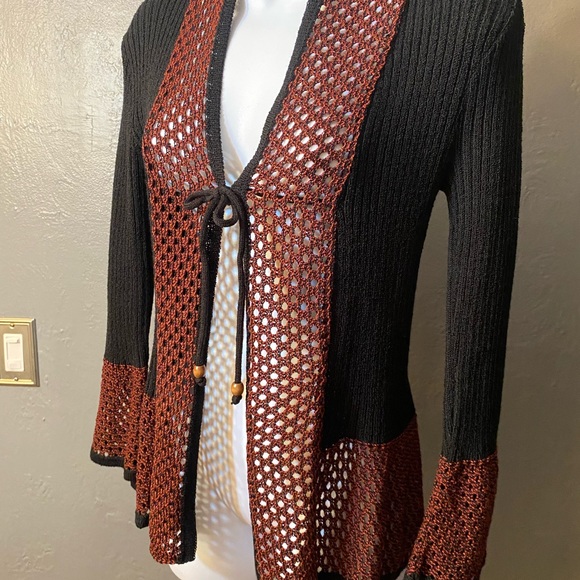 SAPPHIRE Black and Rust Long Sleeve Tie Front Bell Sleeve Cardigan - Picture 12 of 16